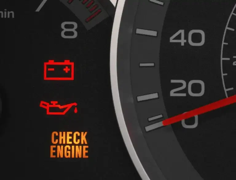 engine warning lights including check engine, oil low, and battery warning
